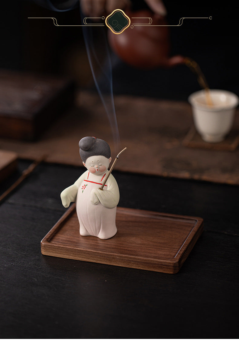 zensoullab Ancient Style Tang Dynasty Female Figure Ceramic Incense Burner Zen Incense Holder Incense Stand Chinese Tea Table Incense Ceremony Incense Burner Incense Burner Ornament