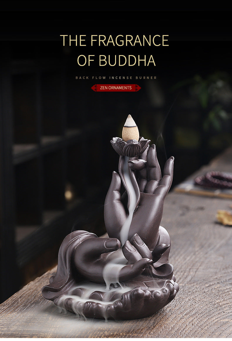 Purple Clay Backflow Incense Burner Indoor Home Incense Burner Creative Large Buddha Hand Backflow Aromatherapy Burner Gift Ornament
