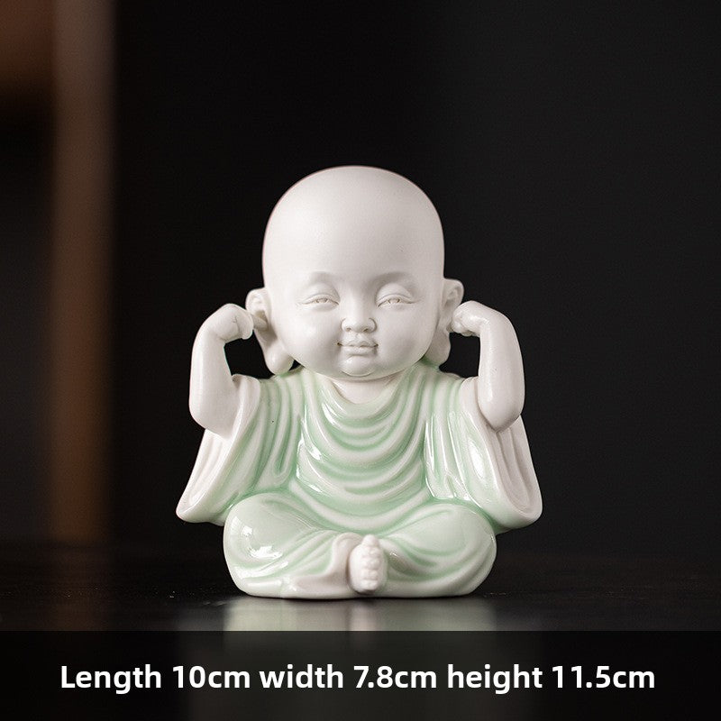 zensoullab Chinese Zen Style Four Little Monks Figurines Ceramic Characters Buddhist Home Living Room Curio Cabinet Decorations Micro Landscape