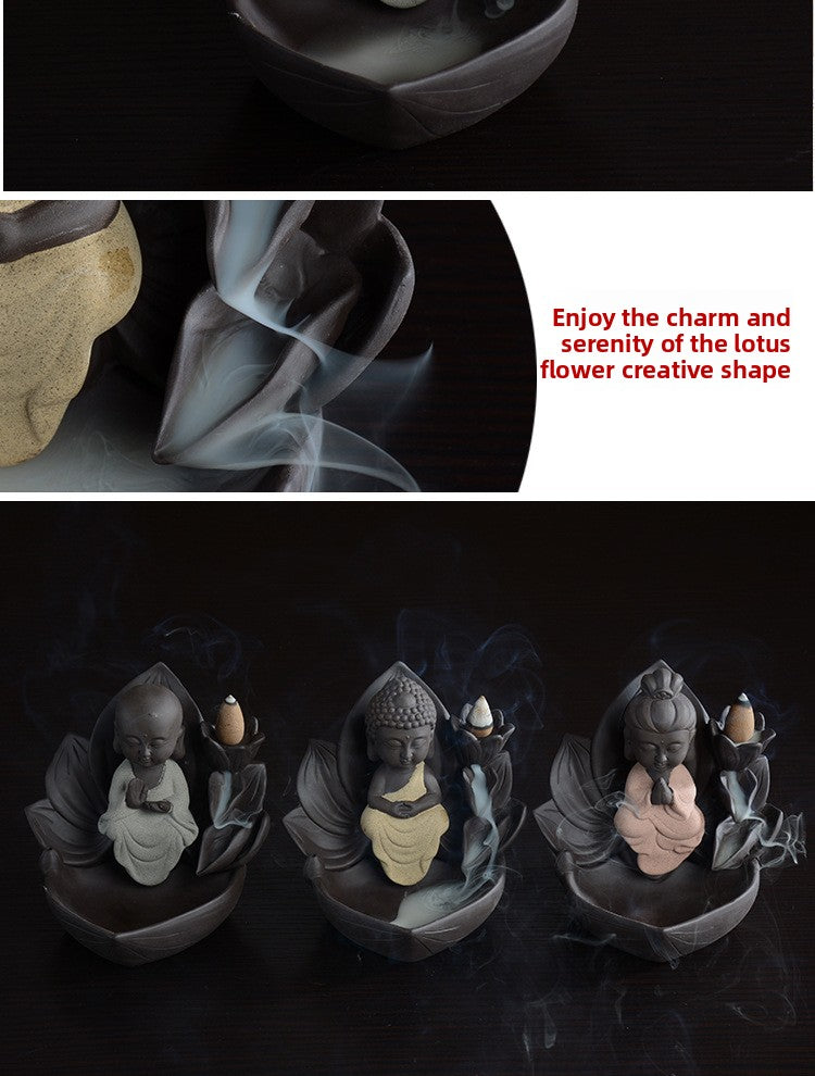 zensoullab Gift Ceramic Little Monk Retro Backflow Incense Burner Home Aromatherapy Burner Feng Shui Ornament Creative Guanyin Buddha Statue