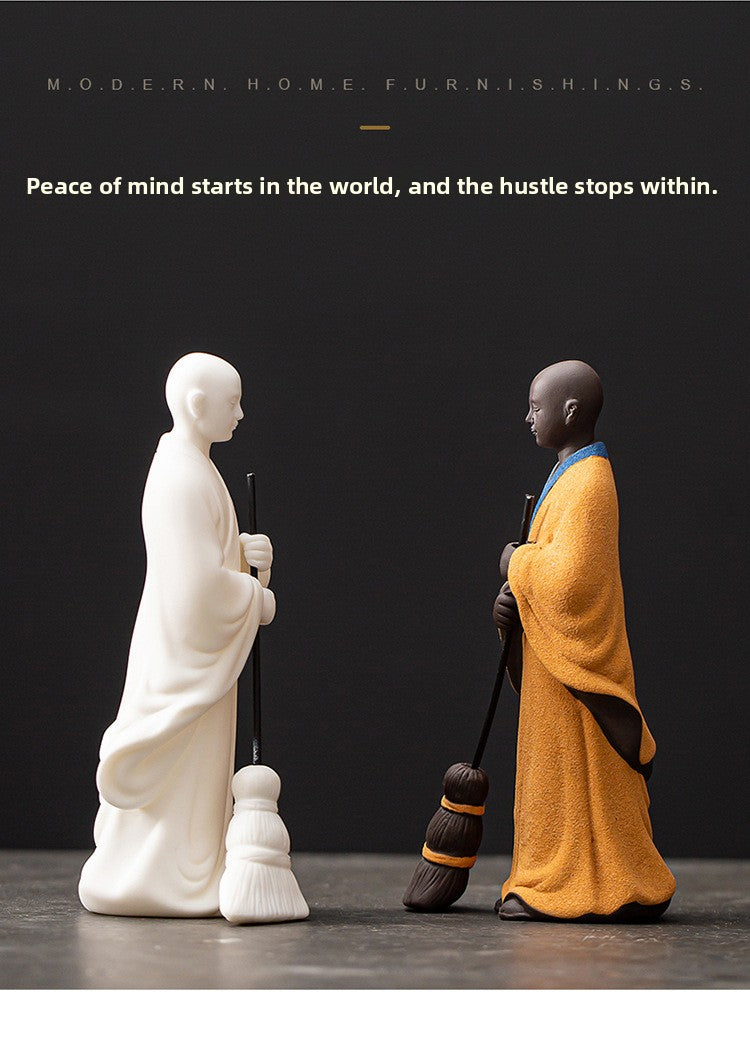 zensoullab Sweeping Monk Ceramic Little Monk Creative Ornament Chinese Style Study Office Zen Desktop Decoration Craft Display