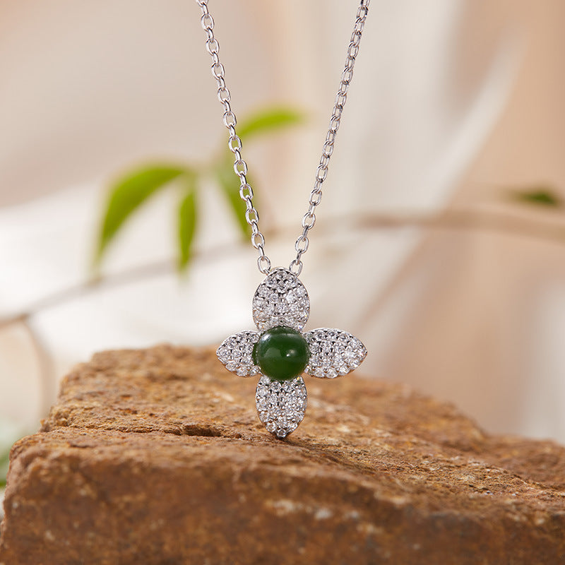 zensoullab S925 Sterling Silver Natural Gemstone Necklace Flower Pendant for Women Korean and Japanese Style Fresh Simple Sweet Collarbone Chain