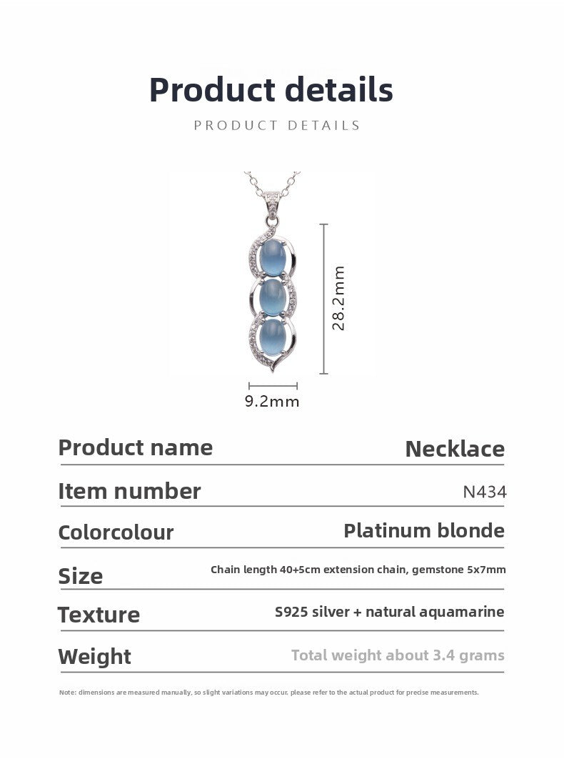 zensoullab Natural Gemstone Aquamarine Pendant Necklace for Women S925 Sterling Silver Inlaid Clavicle Chain