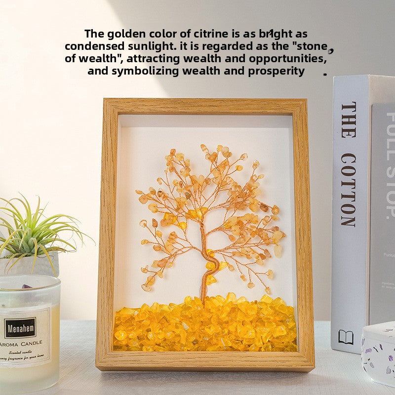 zensoullab Natural Crystal Money Tree Photo Frame Yellow Crystal Amethyst Crystal Stone Photo Frame Housewarming Gift Desktop Wealth-Attracting Ornament