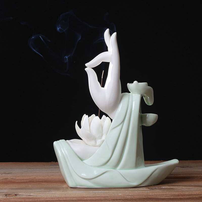 zensoullab Backflow Incense Burner Home Purple Clay Flow Incense Burner Indoor Ornament Ceramic Buddha Hand Incense Burner Home Decor