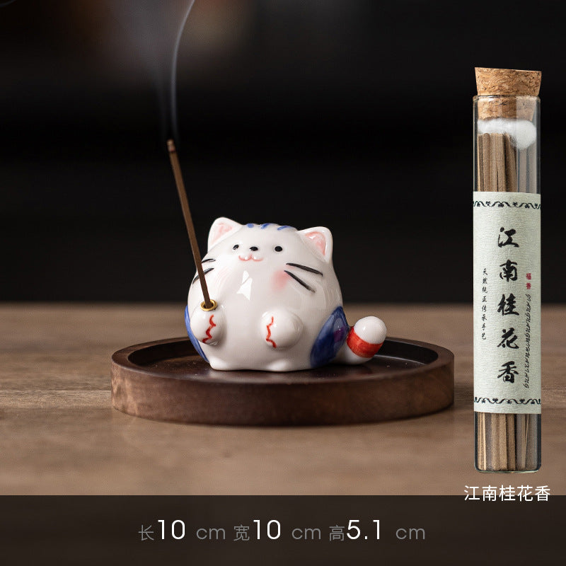 zensoullab Creative Ceramic Cute Little Cat Incense Holder Base Incense Tray Tea Room Tea Table Small Incense Burner Ornament Incense Burner