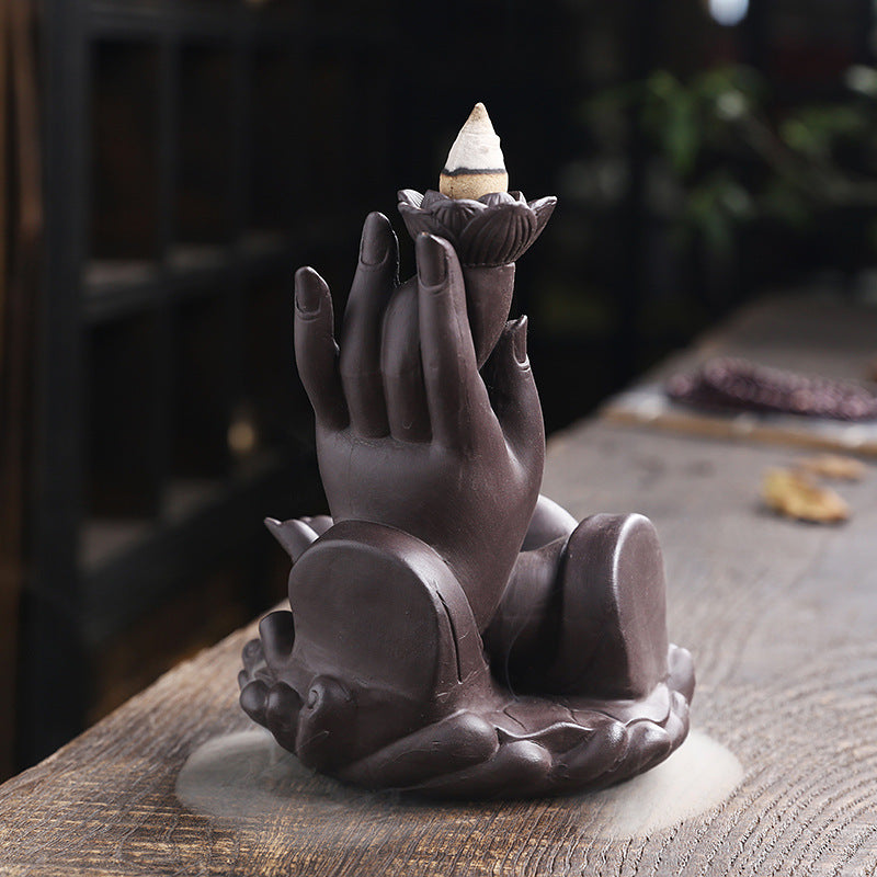 Purple Clay Backflow Incense Burner Indoor Home Incense Burner Creative Large Buddha Hand Backflow Aromatherapy Burner Gift Ornament