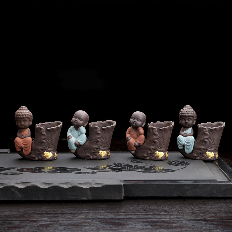 zensoullab Purple Clay Little Monk Tea Pet Ornament Premium Cultivable Creative Hydroponic Flower Arrangement Six Gentlemen Kung Fu Tea Set Accessories