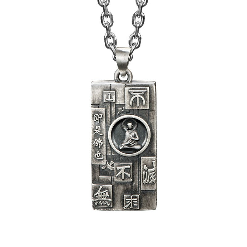 Zensoullab Thai Silver Amulet Necklace Men's Damo Buddha Symbol Pendant Protective Talisman Hanging Ornament Square Plate Pendant for Boyfriend