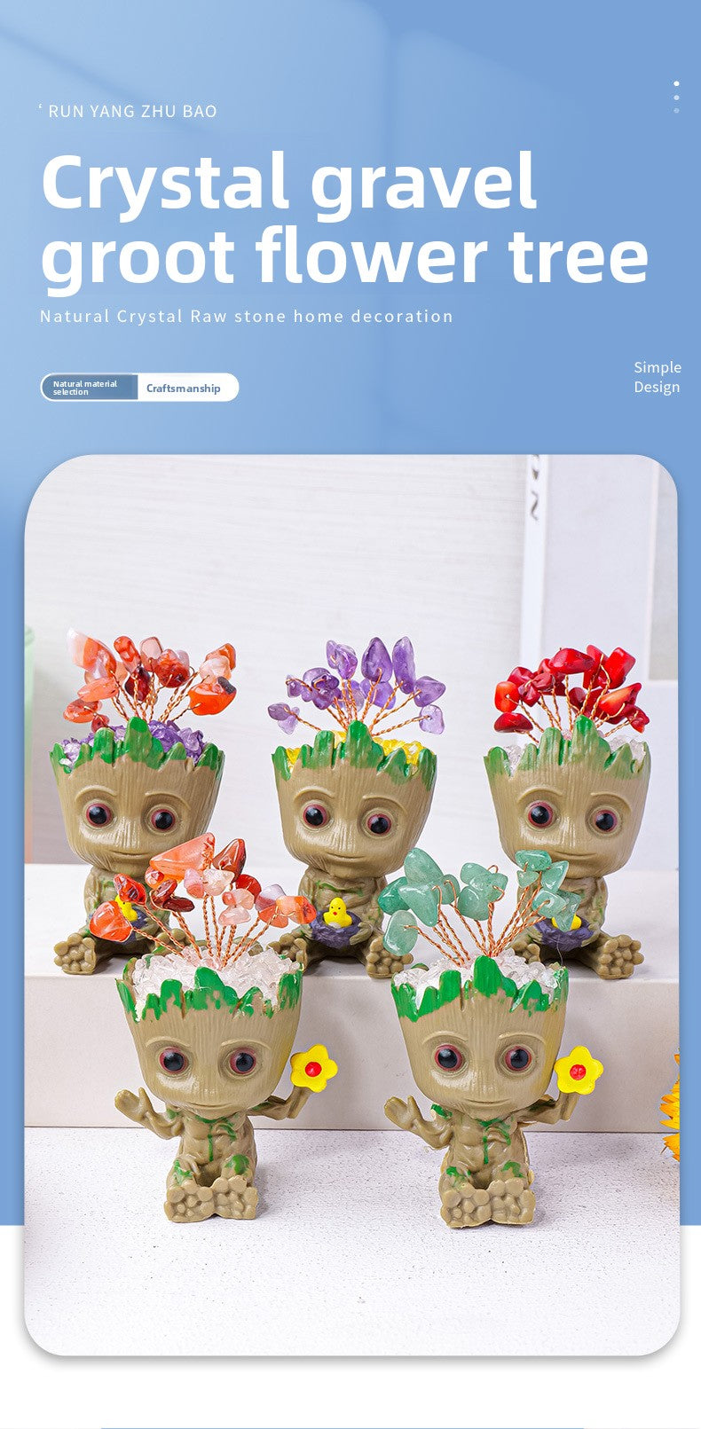 zensoullab Natural Crystal Gravel Small Flower Tree Groot Figurine Crystal Craft Tree Man Figurine Desktop Ornament