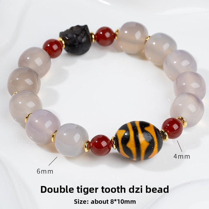 zensoullab Natural Three-Eyed Dzi Bead Agate Bracelet Fashion Versatile Unisex Couple Style Tiger Tooth Single Circle Bracelet In Stock