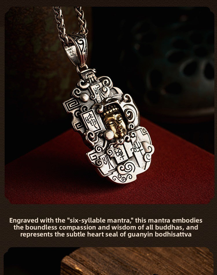 zensoullab Thai Silver Personalized Retro Six-Word Mantra Buddha Head Armor Trendy Creative Peace Jewelry Necklace Pendant for Men and Women