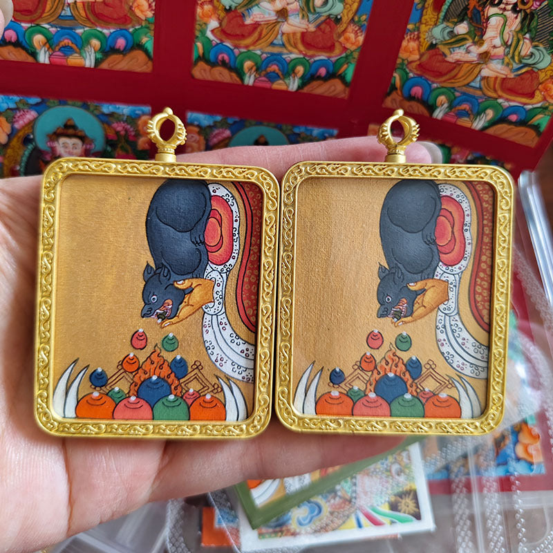 zensoullab Nepal Hand-painted Yellow God of Wealth Lucky Treasure Rat Thangka Painting Core Tibetan Style Portable Small Thangka Guardian Pendant