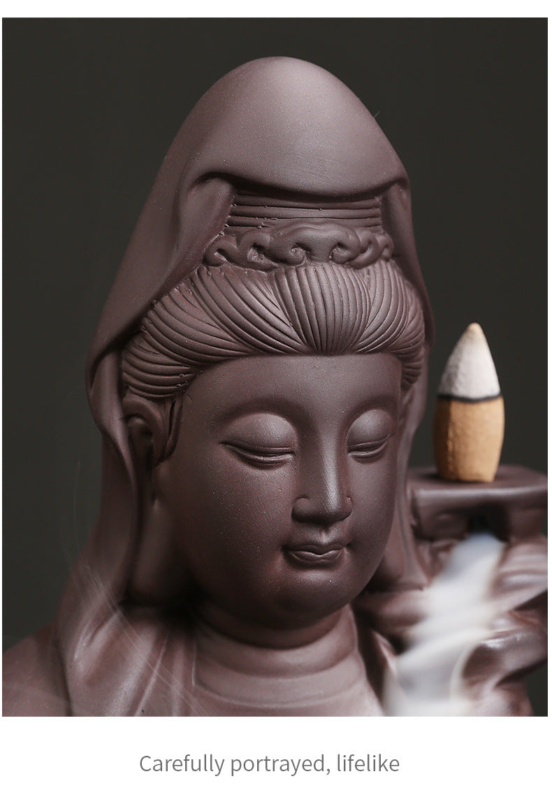 zensoullab Purple Clay Avalokiteshvara Backflow Incense Burner Original Mountain Water Flowing Bodhisattva Waterfall Backflow Incense Burner Home Decoration