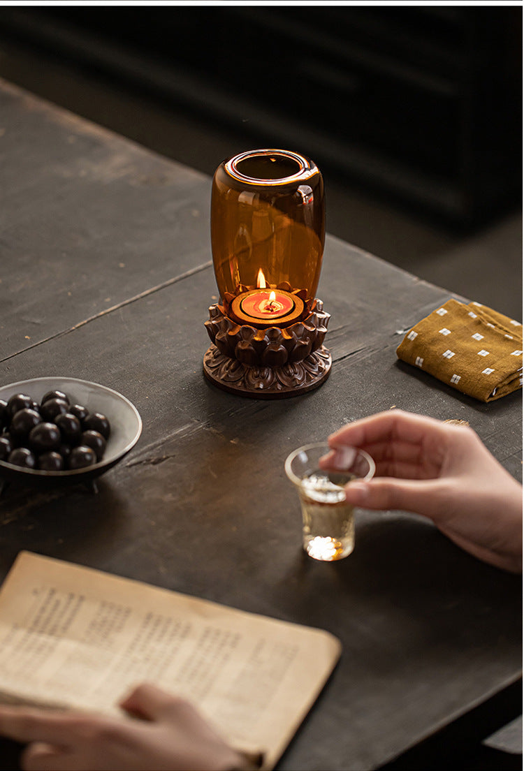 Zensoullab Antique Glass Candlestick Windshield Lampshade Lotus Buddha Candle Lamp Zen Tea Room Decoration Aromatherapy Candle Ambience Light