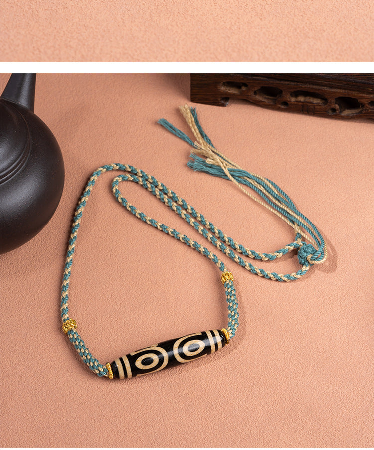 zensoullab Natural Yellow Nine-Eye Dzi Bead Necklace Taiwan Work Agate Pendant Unisex Couple Style Braided Necklace