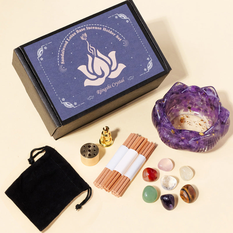 zensoullab Natural Amethyst Crushed Stone Lotus Bowl Incense Holder Set Box Demagnetization Meditation Yoga Incense Burner Incense Holder Base