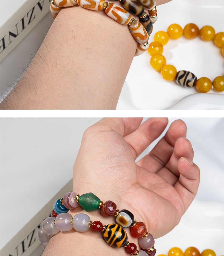 zensoullab Natural Three-Eyed Dzi Bead Agate Bracelet Fashion Versatile Unisex Couple Style Tiger Tooth Single Circle Bracelet In Stock