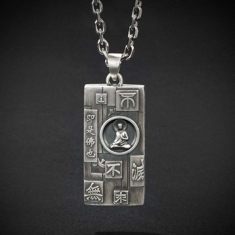 Zensoullab Thai Silver Amulet Necklace Men's Damo Buddha Symbol Pendant Protective Talisman Hanging Ornament Square Plate Pendant for Boyfriend