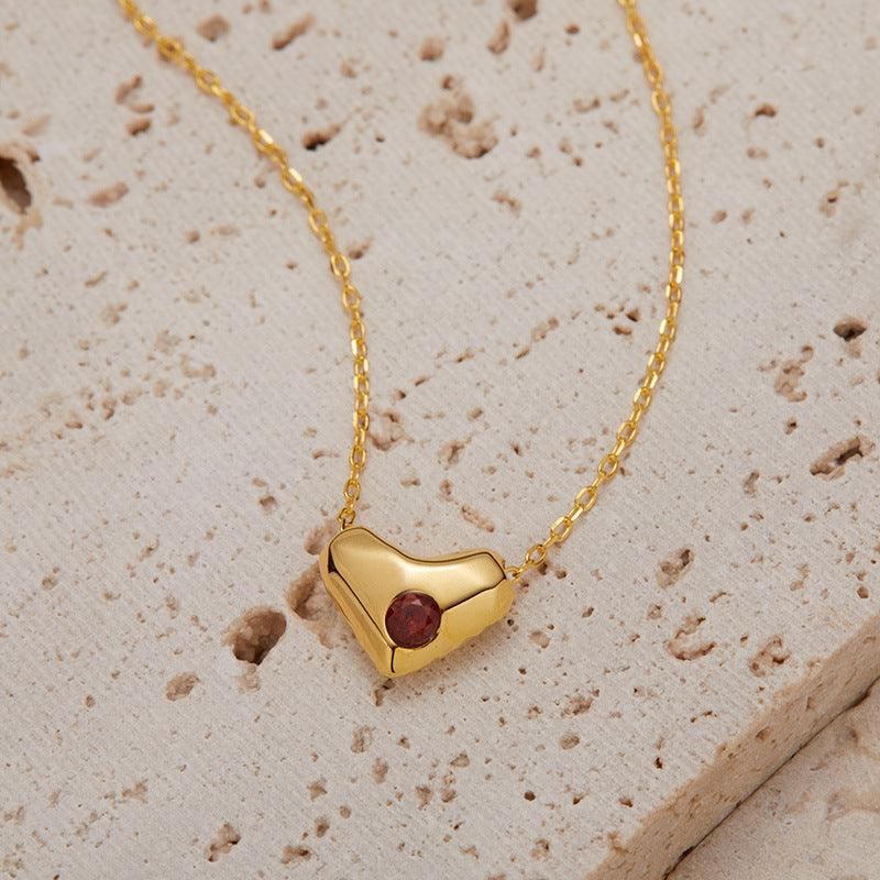 zensoullab S925 Sterling Silver Natural Garnet Gemstone Heart Necklace for Women, Niche Design, Simple and Unique Collarbone Chain Set