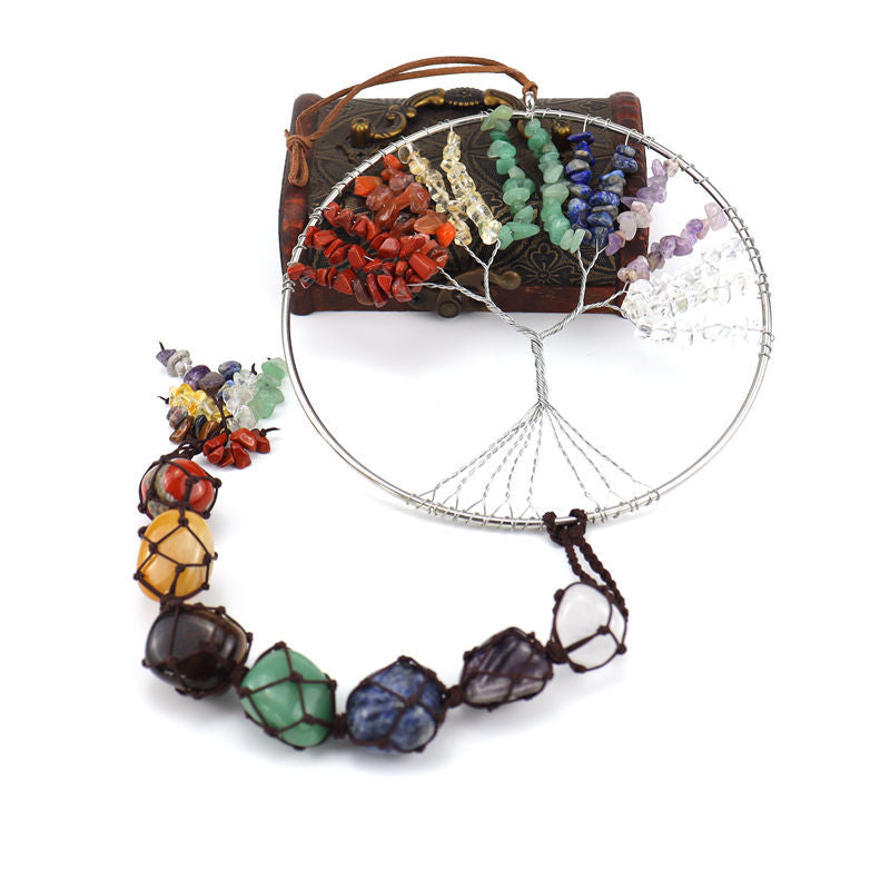 zensoullab7 Colorful Stone Seven Colors Crystal Raw Stone Hand-woven Pendant Natural Stone Tree of Life Car Hanging Dream Catcher Ornament