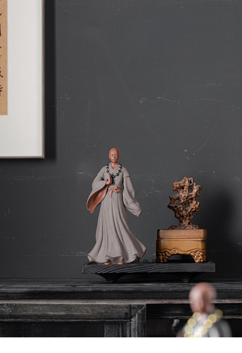 zensoullab Creative New Chinese Style Large Purple Clay Little Monk Figurine Tea Room Living Room Entrance Zen Little Monk Ceramic Character Decoration