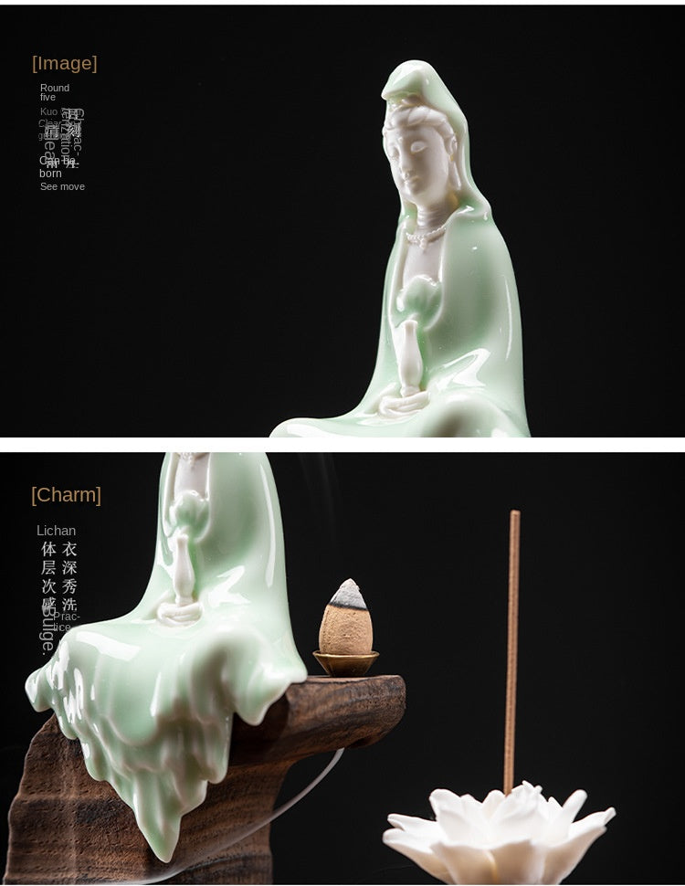 zensoullab Creative Backflow Incense Burner Home Aromatherapy Burner Ceramic Ornament Sandalwood Incense Holder Guanyin Buddha Statue Zen Living Room Decoration