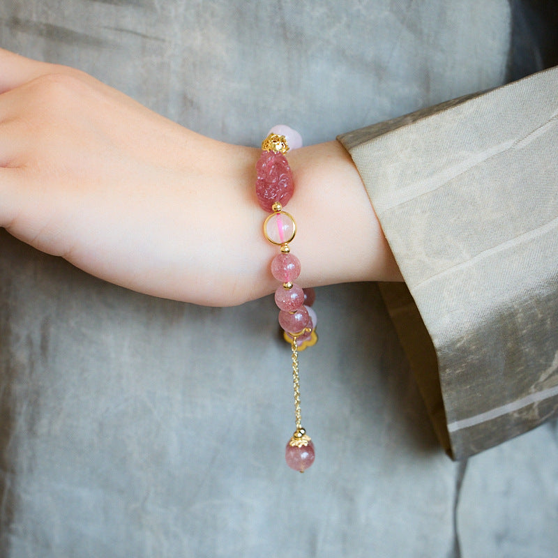 zensoullab Natural Strawberry Crystal Pink Crystal Double Bracelet for Women Strawberry Crystal Pixiu Wealth Flower Good Luck Crystal Bracelet