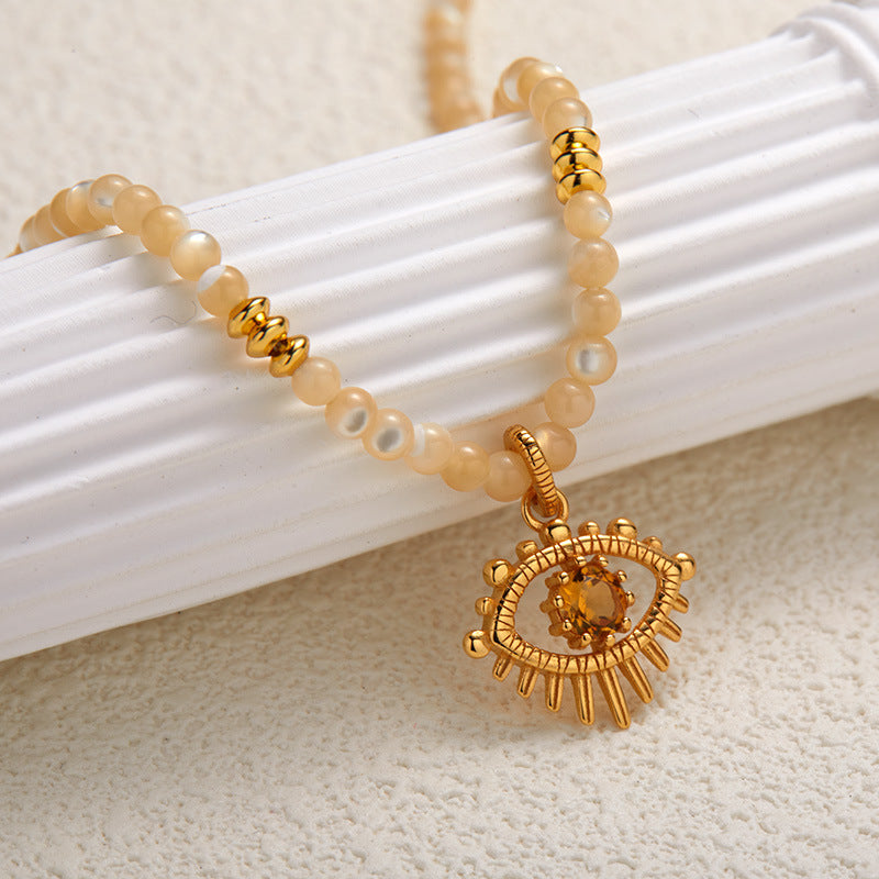 zensoullab S925 Sterling Silver Natural Yellow Shell Yellow Crystal Gemstone Necklace for Women Fashion Trend Devil's Eye Pendant Original Design