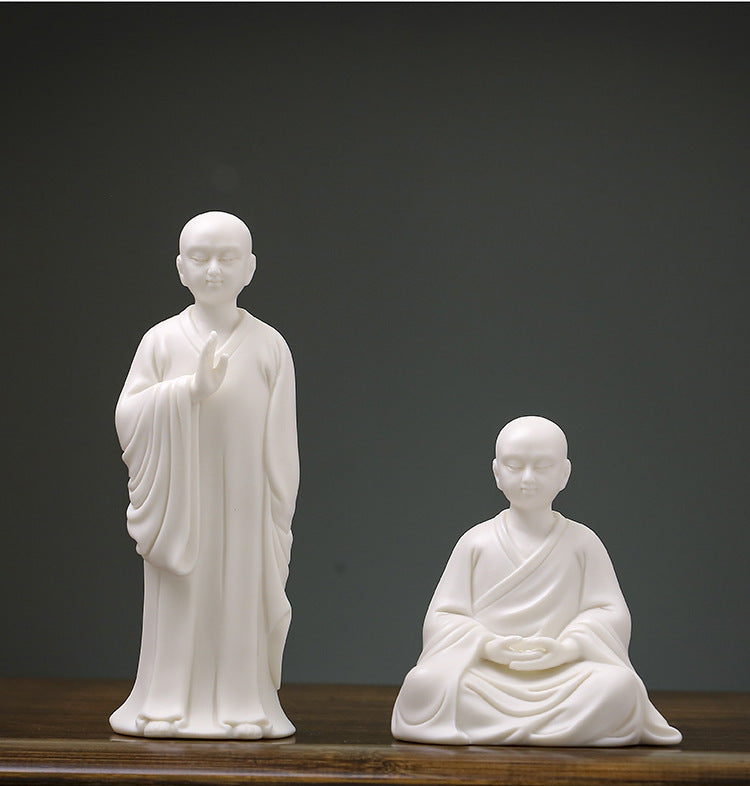 zensoullab Zen White Porcelain Little Monk Figure Chinese Style Ceramic Little Novice Creative Tea Room Home Living Room Entrance Decoration Ornament