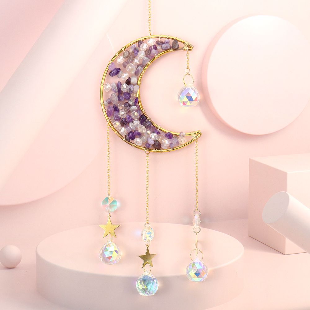 zensoullab Handmade Beaded Natural Crystal Crushed Stone Moon Star Wind Chime Craft Decoration Pendant Sun Catcher