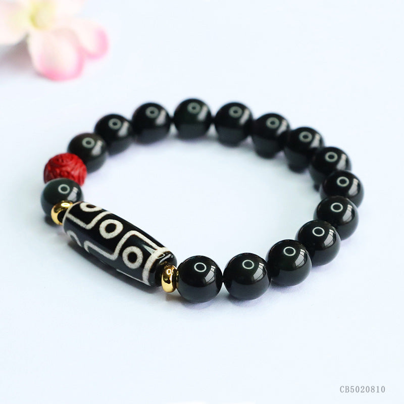 zensoullab Natural Obsidian Bracelet Nine-Eyed Dzi Bead Agate Bracelet Tibetan Style Jewelry