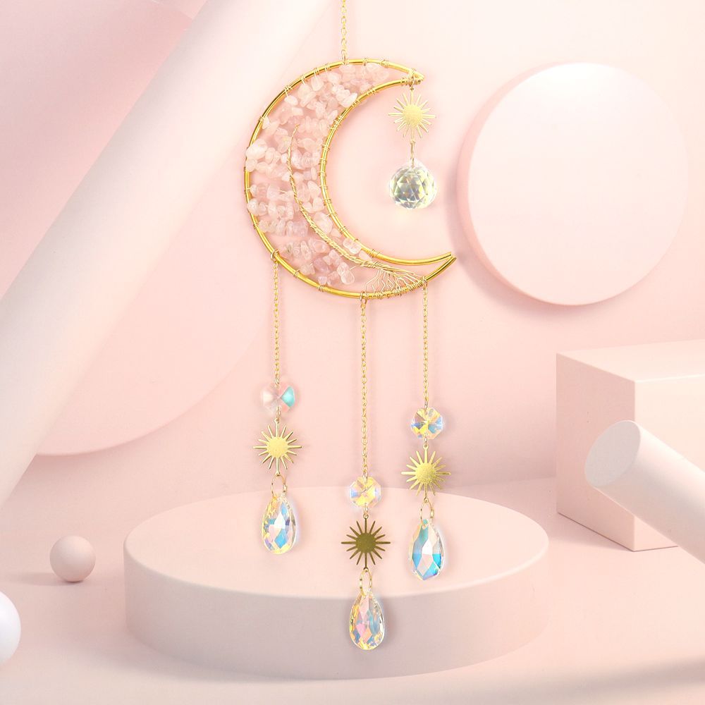 zensoullab Handmade Wire Wrapped Natural Crystal Gravel Tree of Life Moon Sun Catcher Hanging Ornament Wind Chime Decoration Pendant