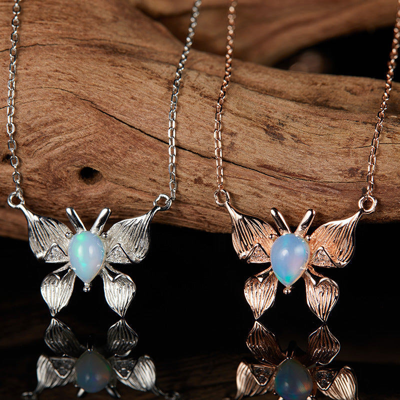 zensoullab Custom Personalized Butterfly Style S925 Sterling Silver Inlaid Natural Gemstone Opal Necklace for Women Live Streaming Hot-Selling Collarbone Chain