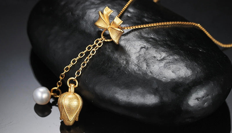 zensoullab Hot Selling S925 Sterling Silver Ancient Gold Inlaid Pearl Necklace for Women National Trend Simple Elegant Pendant