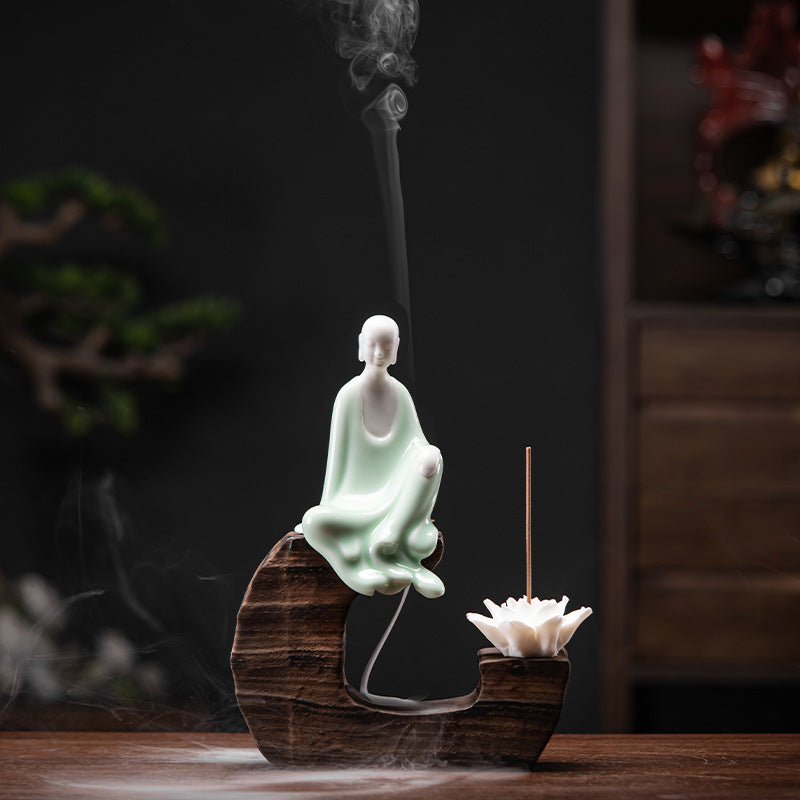 zensoullab Creative Backflow Incense Burner Home Aromatherapy Burner Ceramic Ornament Sandalwood Incense Holder Guanyin Buddha Statue Zen Living Room Decoration