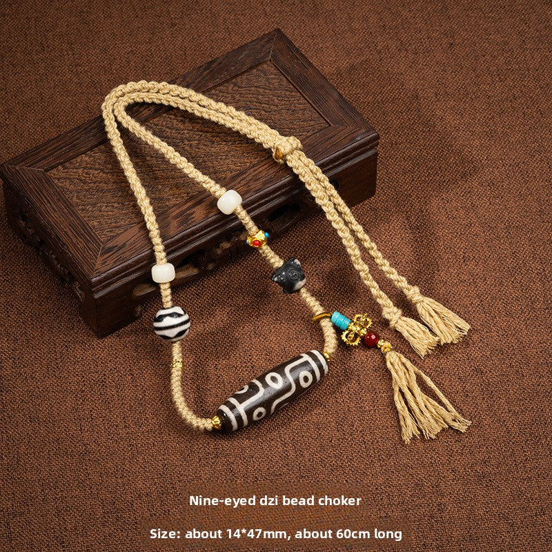 Zensoullab Natural Tibetan Lotus Master Three-Eye Multi-Totem Tibet Beads Necklace Agate Pendant Men's and Women's Woven Necklace in Stock