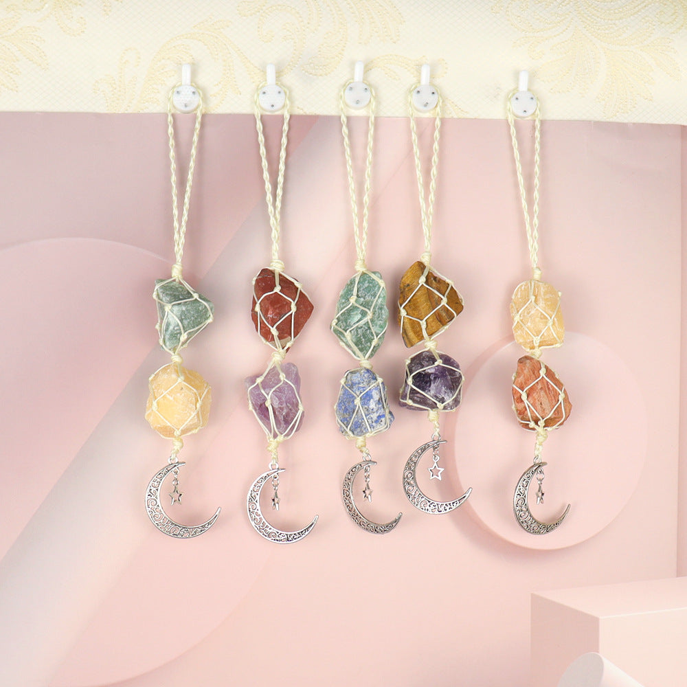zensoullab Handmade Woven Raw Stone Crystal Pendant Star Moon Net Bag Car Hanging Amethyst Ornament