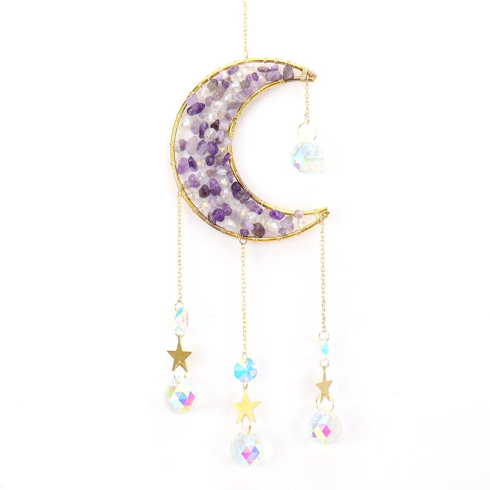 zensoullab Handmade Beaded Natural Crystal Crushed Stone Moon Star Wind Chime Craft Decoration Pendant Sun Catcher