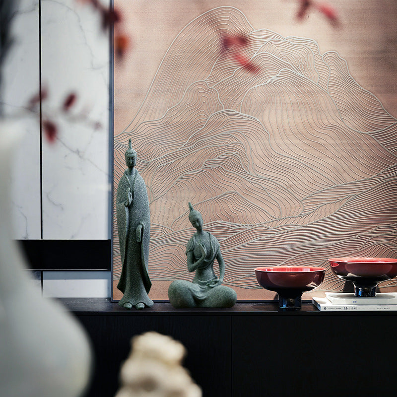 zensoullab Green Sandstone Northern Wei Dynasty Three Saints Buddha Statue Zen Carving Craftwork Tathagata Buddha Shakyamuni Desktop Tea Ceremony Ornament