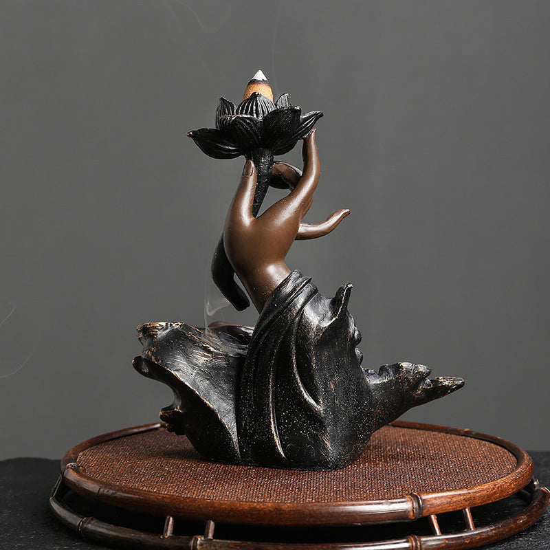 Resin Backflow Incense Burner Ornament Creative Lotus Zen Buddha Hand Backflow Incense Home Craft Decoration
