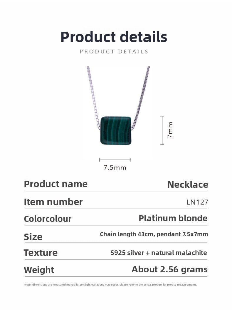 zensoullab Jewelry Minimalist Style Square Pendant S925 Sterling Silver Malachite Necklace Women's Jewelry Simple Collarbone Chain