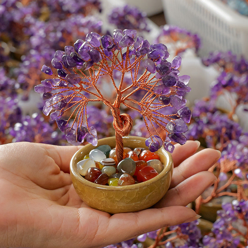 zensoullab Natural Yellow Crystal Wealth Tree Tea Cup Base Treasure Bowl Crystal Tree Crystal Money Tree Desktop Wealth-Attracting Ornament