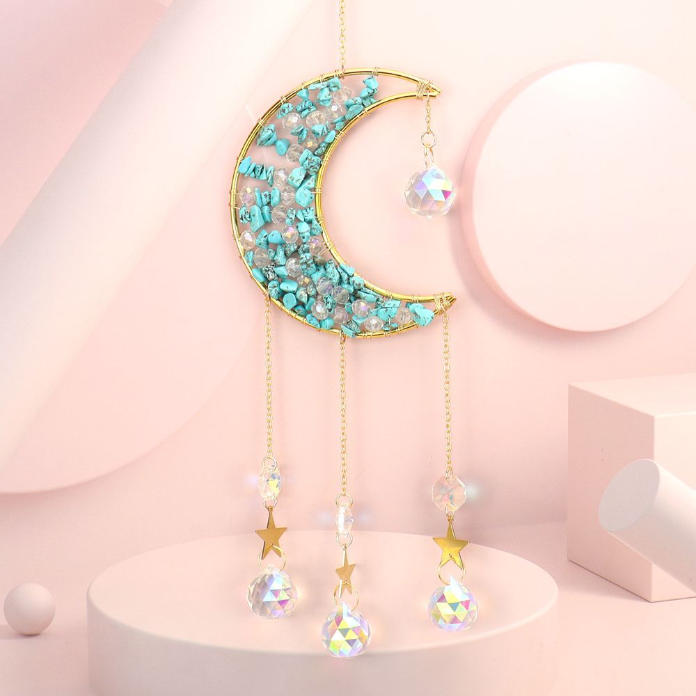 zensoullab Handmade Beaded Natural Crystal Crushed Stone Moon Star Wind Chime Craft Decoration Pendant Sun Catcher