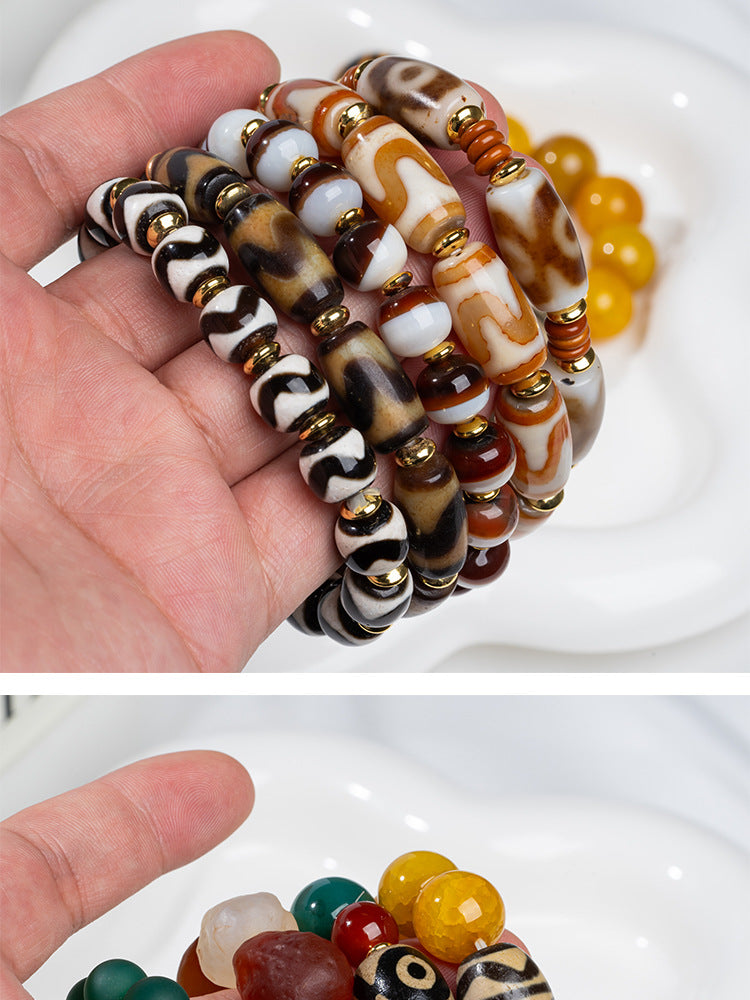 zensoullab Natural Three-Eyed Dzi Bead Agate Bracelet Fashion Versatile Unisex Couple Style Tiger Tooth Single Circle Bracelet In Stock