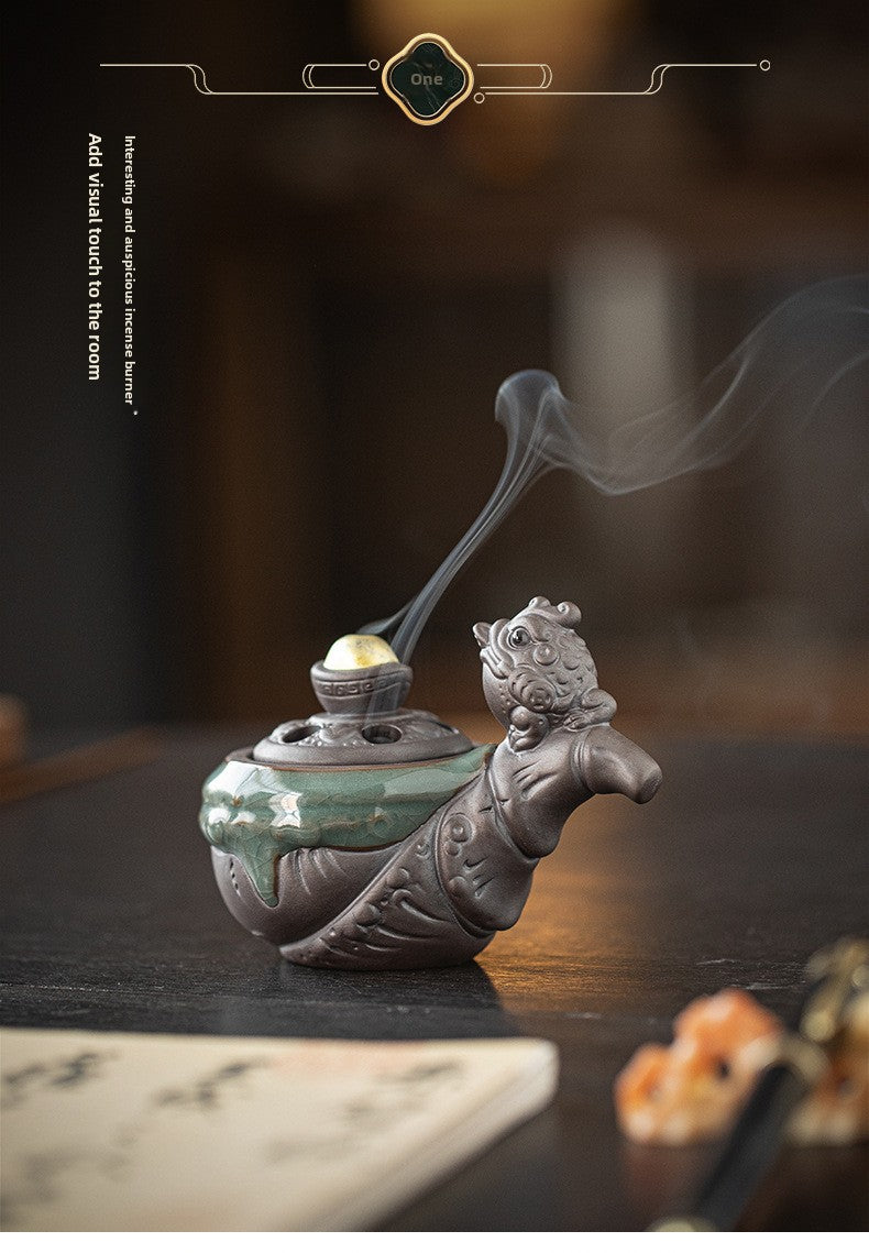 zensoullab Lucky Money Pipe Golden Toad Mini Incense Burner Home Indoor Small Coil Incense Burner Zen Tea Room Incense Aromatherapy Burner Ornament