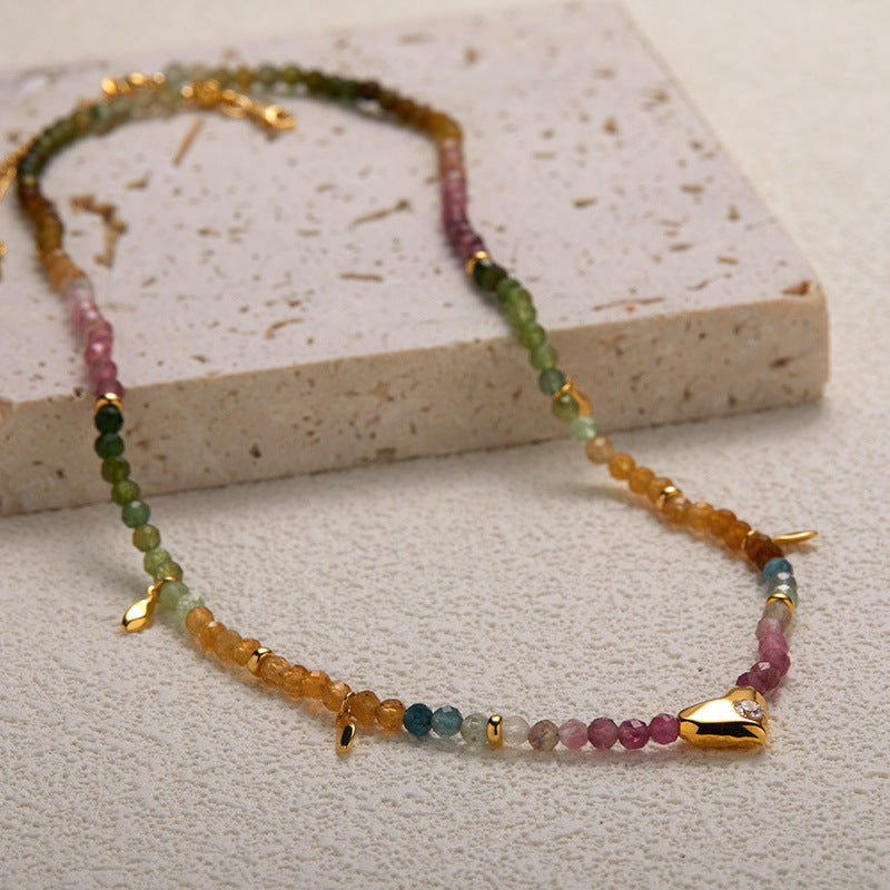 zensoullab S925 Sterling Silver Natural Tourmaline Gemstone Necklace for Women Original Design Heart Trendy Handmade Colorful Beaded Chain