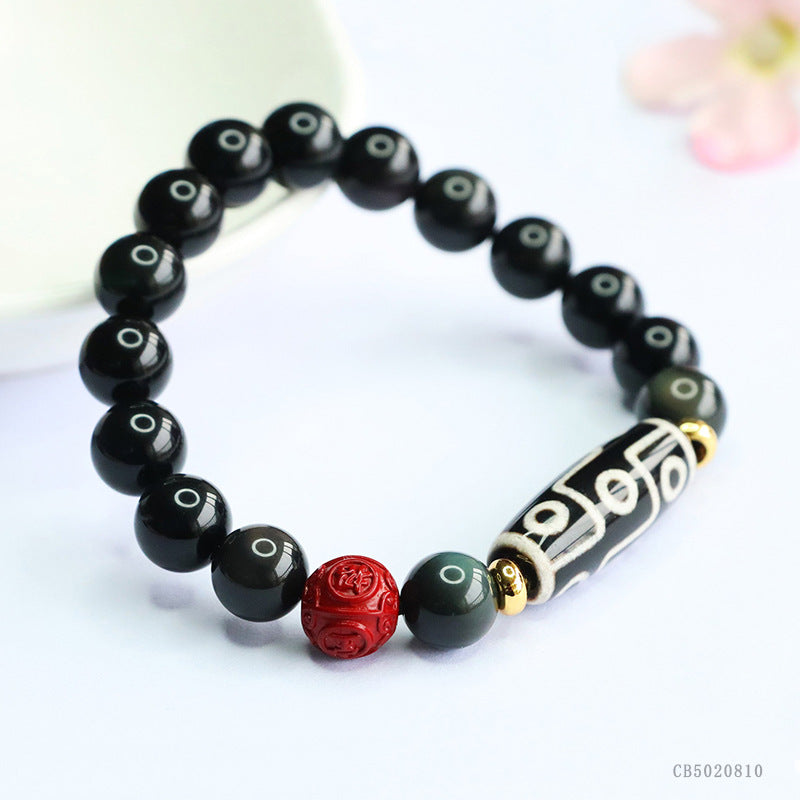 zensoullab Natural Obsidian Bracelet Nine-Eyed Dzi Bead Agate Bracelet Tibetan Style Jewelry