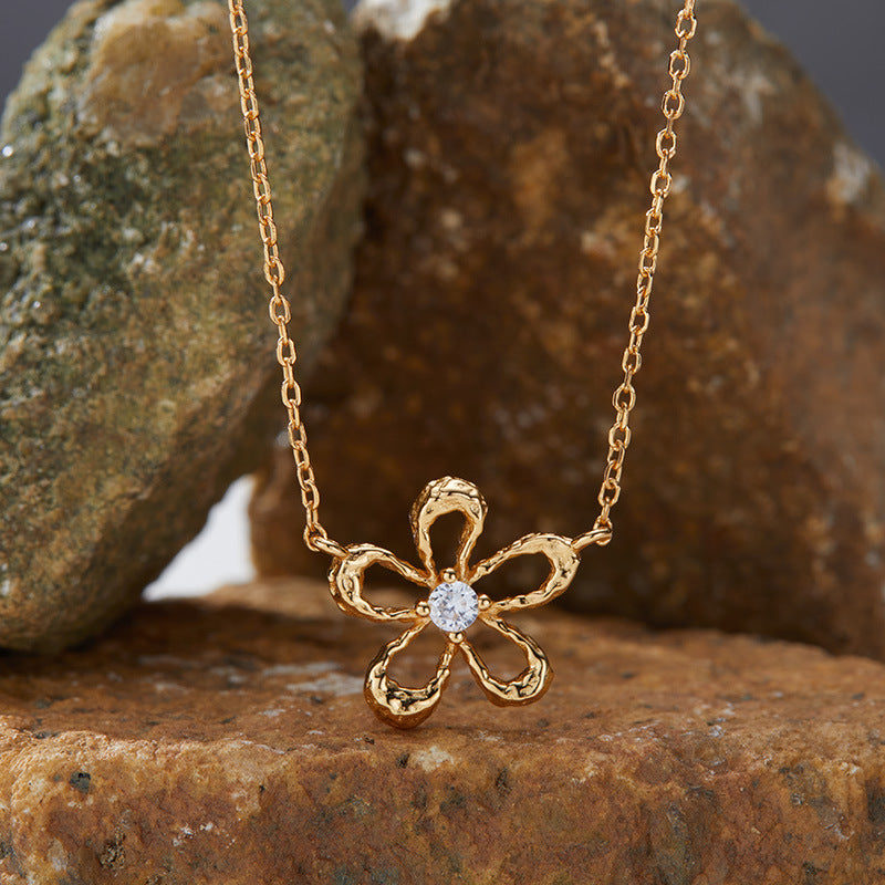 zensoullab Korean Version S925 Sterling Silver Zircon Colorful Gemstone Collarbone Chain Fashion Sweet Hollow Small Flower Pendant Necklace for Women