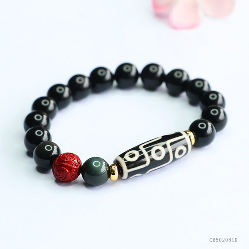 zensoullab Natural Obsidian Bracelet Nine-Eyed Dzi Bead Agate Bracelet Tibetan Style Jewelry
